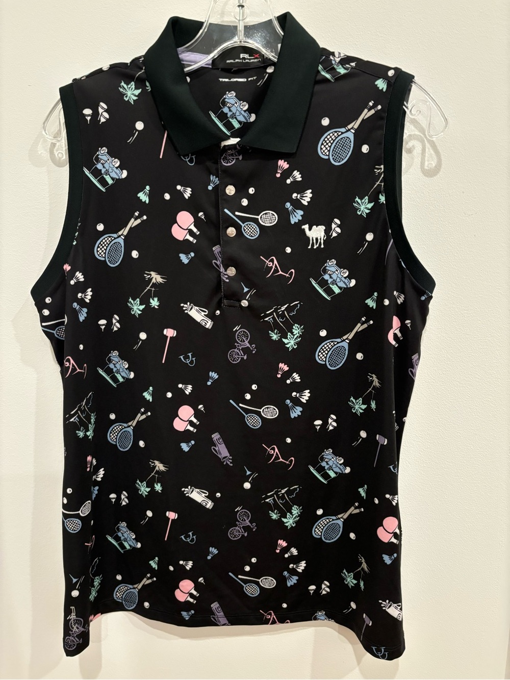 RLX Ralph Lauren Sleeveless Polo Shirt Sports Print Black Womens L Activewear